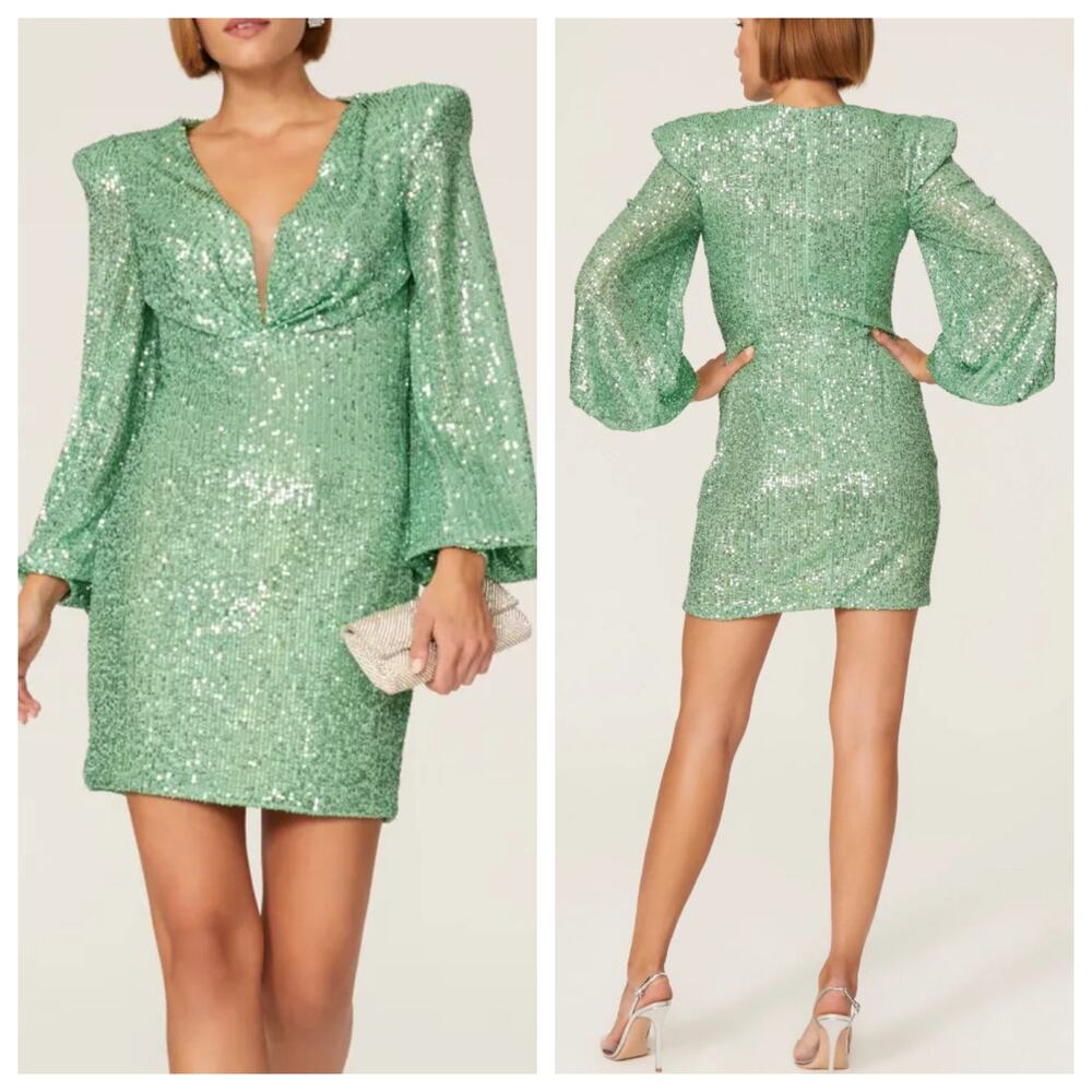 IEENA for Mac Duggal Mini Dress 26865 Green Sequin Structured Long Sleeve